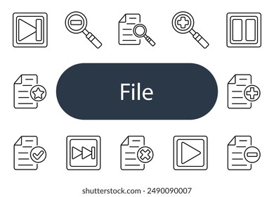 Icono de conjunto de archivos. Documento, lupa, más, menos, favorito, reproducir, pausa, marca de verificación, cruz, organización, datos, almacenamiento, información, zoom, ver, detalles, agregar, quitar, digital, sistema.