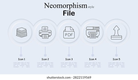 File set icon. Document stack archive, printing equipment machine, portable PDF format graphics, multifunction scanner device, upward upload transfer symbol