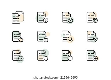 File set icon. File with dollar, setting, search, password, protection, pointer, heart, plus, etc. Data concept. Vector line icon for Business and Advertising