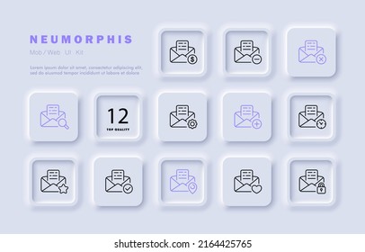 File set icon. Paid information, property rights, add, delete, discount, protection, cancel, error, configuration. Data sat concept. Neomorphism style. Vector line icon for Business and Advertising