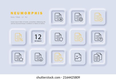 File set icon. Paid information, property rights, add, delete, discount, protection, download, like, gallery. Data sat concept. Neomorphism style. Vector line icon for Business and Advertising