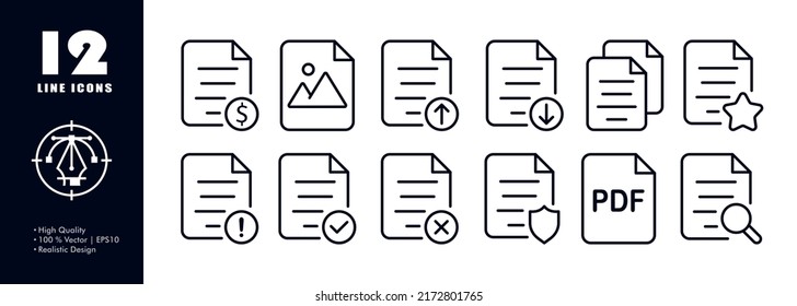 File set icon. Paid information, gallery, image, download, pdf, data set, error, text document, privacy, reader, search. File concept. Vector line icon for Business and Advertising