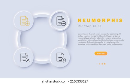 Icono de conjunto de archivos. Más, menos, porcentaje, dólar. Crear y eliminar un archivo, información de pago, privacidad. Concepto de conjunto de datos. Estilo neomorfista. Icono de línea de vector para negocios y publicidad