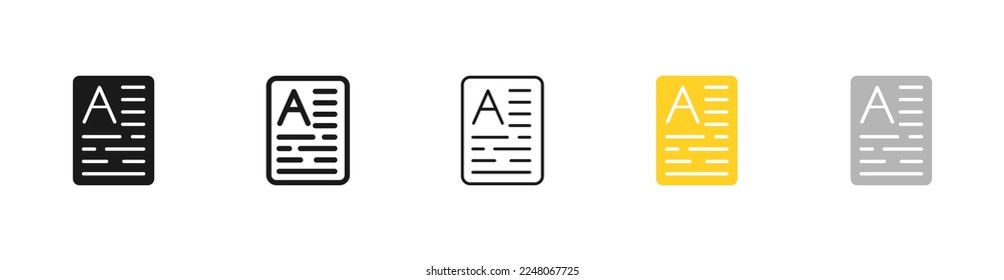 Icono de conjunto de archivos. Texto, añadir nueva información, privacidad, documento, texto, menos, imagen, medios, favoritos, galería. Concepto de conjunto de datos. Vector cinco ícono de estilo diferente en fondo blanco