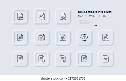 Icono de conjunto de archivos. Documento de texto, archivo pdf, lector, pago, favoritos, nueva información, búsqueda, importante, protección, etc. Concepto de conjunto de datos. Estilo neomorfista. Icono de línea de vector para negocios y publicidad