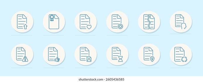 File set icon. Upload, certificate, heart, health, anatomy, profile, warning, thumbs up, save, timer, protection, memory, storage, identity, deadline, alert, mind