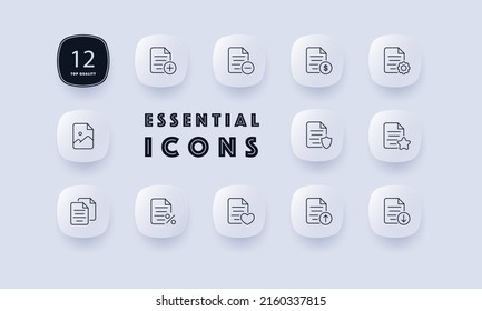 File set icon. Upload and download data, favorite material, like, privacy, network settings, file setup, favourite. Online concept. Neomorphism style. Vector line icon for Business and Advertising