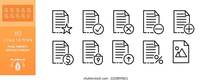 File set icon. Upload and download data, favorite material, like, privacy, network settings, file setup, favourite. Online concept. Vector editable set icon on a white background