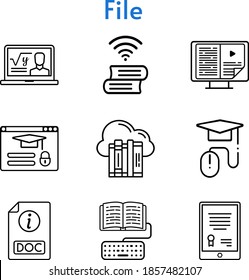 file set. included cloud, tablet, professor, ebook, elearning, doc, login icons. linear styles.