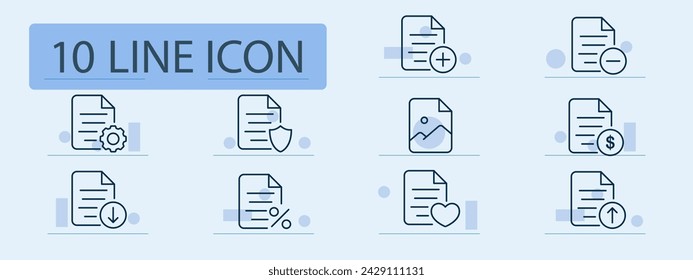 File set line icon. Digital files, cloud storage, secure access, plus, minus, shield, gear. Pastel color background. Vector line icon for business and advertising