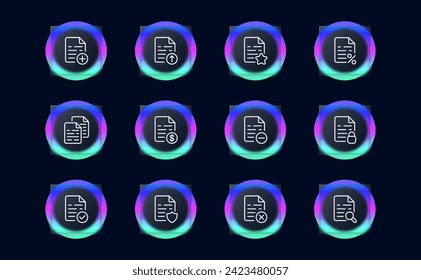 Icono de línea de conjunto de archivos. Información, seguridad, datos, contraseña, añadir, descargar, cargar. Estilo de glasmorfismo. Icono de línea de vector para negocios y publicidad