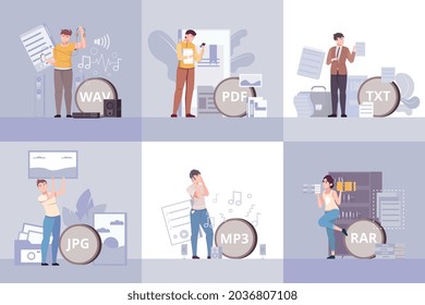 File set of six square compositions with flat human characters of professionals using different file extensions vector illustration