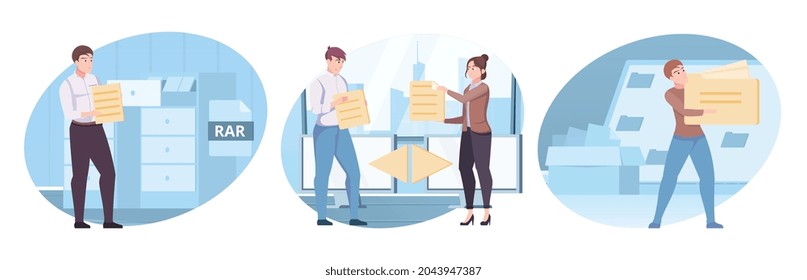 File set of three isolated compositions of flat human characters holding document pictograms with office scenery vector illustration