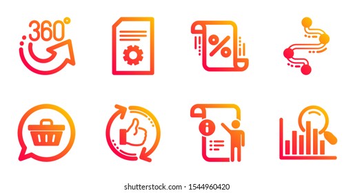 File settings, 360 degrees and Manual doc line icons set. Refresh like, Loan percent and Shopping cart signs. Timeline, Search symbols. File management, Full rotation. Technology set. Vector