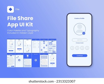 File Share App UI Kit and Different Screens Template on Blue Background.