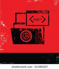 File share and software design on red background, grunge vector
