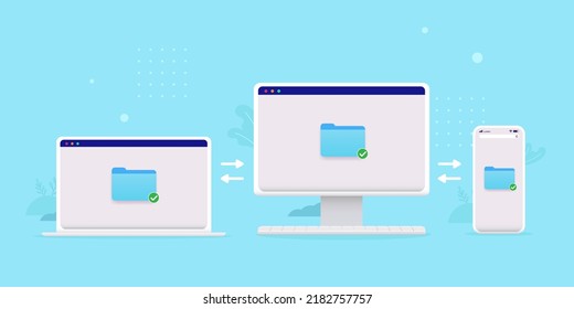 File sharing between computers and devices - Laptop desktop and phone synching files and folders. Semi flat vector illustration 