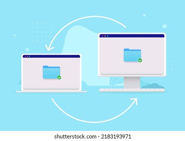 File sharing between computers - Laptop and desktop synching files. Semi flat vector illustration 