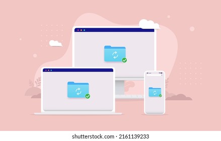 File sharing between devices - Laptop, desktop computer and smartphone synching files and folder. Vector illustration