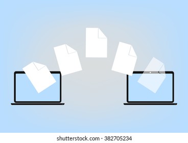 File sharing between Laptop via cloud computing technology concept, vector illustration in flat design