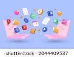File sharing concept, Data Sharing Service, Digital Document Transfer Concept with 3d shapes, folder, cog, icons, infographic on blue background. 3d Vector Illustration
