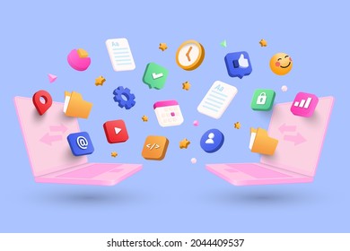 File sharing concept, Data Sharing Service, Digital Document Transfer Concept with 3d shapes, folder, cog, icons, infographic on blue background. 3d Vector Illustration