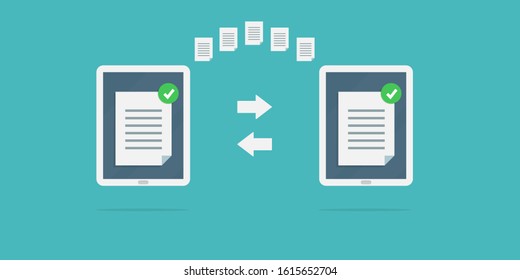file sharing concept. Data transfer, ftp file receiver and backup on tablet screen. File transfer in notebooks. Stock vector illustration in flat style.