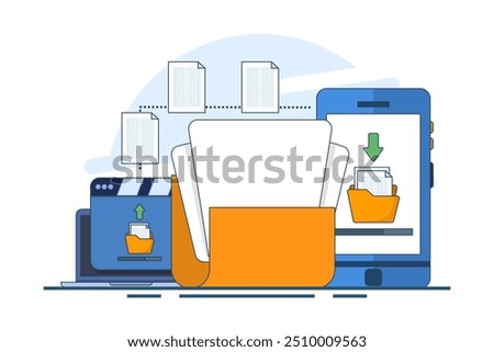 File sharing concept, data transfer, documentation transfer, cloud services, electronic document management. Browse send files for business, file management. Vector illustration in flat design.