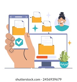 File Sharing concept. Hand holding a phone with transferred documents, woman's portrait signifies collaboration, data distribution and synchronization on devices. Digital teamwork made easy