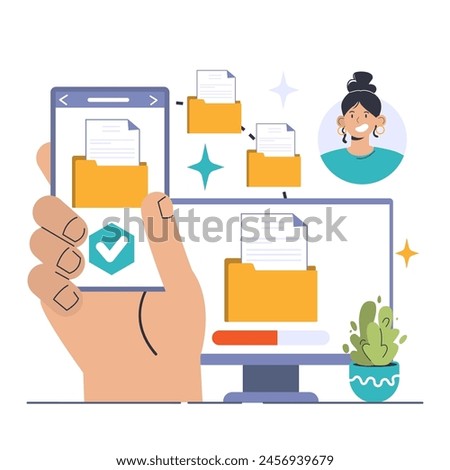 File Sharing concept. Hand holding a phone with transferred documents, woman's portrait signifies collaboration, data distribution and synchronization on devices. Digital teamwork made easy