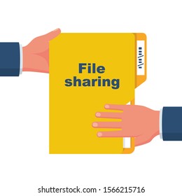 File sharing concept. One businessman hands over documents to another. Vector illustration flat design. Isolated on white background. Give folder papers document.