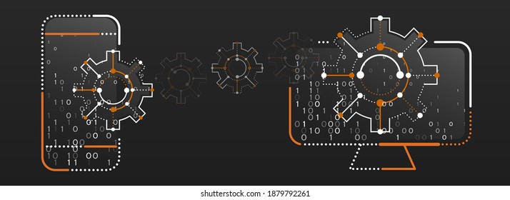 File Sharing Concepts. Information Transferring Computer And Smart Phone. Abstract Data Transfer Vector Illustration. Template For Hi-tech Banner Or Presentation. Futuristic Circuit Board.