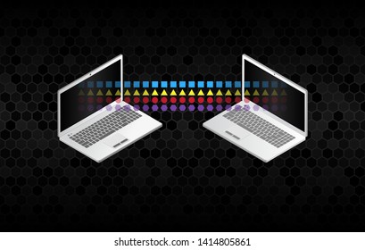 File sharing concepts. Isometric design elements on the black background. Two information transferring laptops. Abstract data transfer vector illustration.
