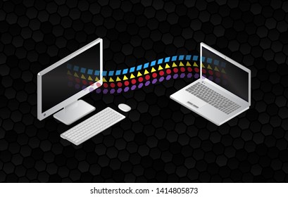 File sharing concepts. Isometric design elements on the black background. Information transferring computer and laptop. Abstract data transfer vector illustration.