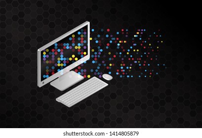 File sharing concepts. Isometric design elements on the black background. Information transferring computer. Abstract data transfer vector illustration.