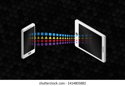 File sharing concepts. Isometric design elements on the black background. Information transferring smartphone and tablet. Abstract data transfer vector illustration.