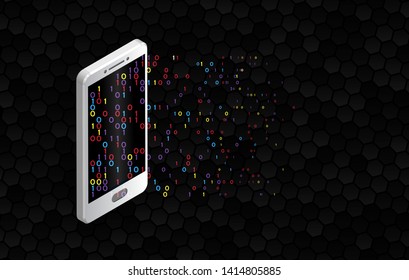 File sharing concepts. Isometric design elements on the black background. Information transferring smartphone. Abstract data transfer vector illustration.