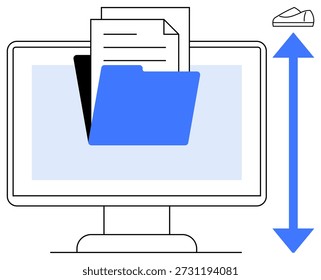 File sharing, data organization, digital documentation, cloud storage, information transfer, office tools. A computer monitor with a blue folder and documents. File sharing and data organization