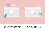 File sharing documents - Two laptop computers syncing files and folders. Flat design vector illustration