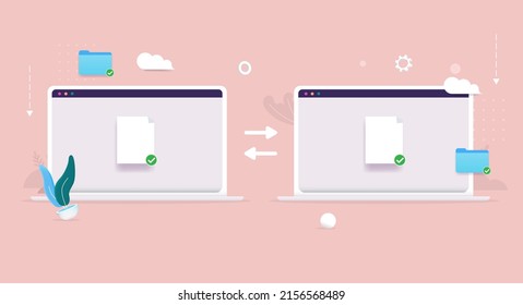 Dateifreigabe - Zwei Laptop-Computer synchronisieren Dateien und Ordner. Flaches design, Vektorgrafik