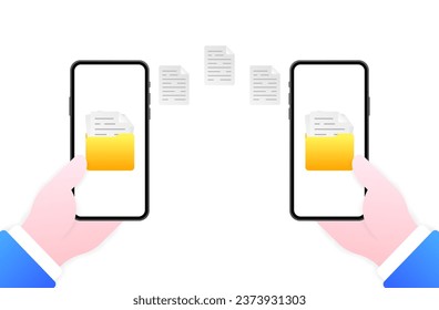 File sharing. Flat, color, phone in hand, folder with file, exchange of documents. Vector illustration