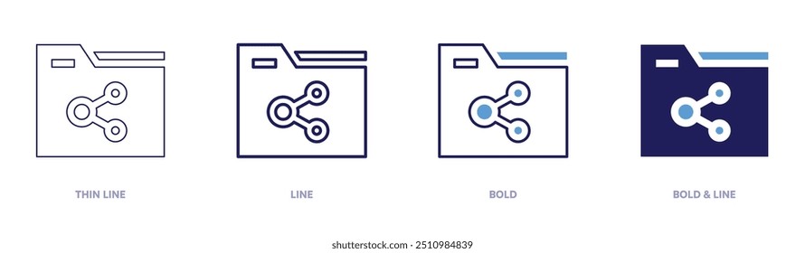 Ícone de compartilhamento de arquivos em 4 estilos diferentes. Linha fina, Linha, Negrito e Linha Negrito. Estilo duotônico. Traçado editável.