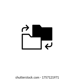 Icono de uso compartido de archivos en glifo plano negro, estilo relleno aislado en fondo blanco