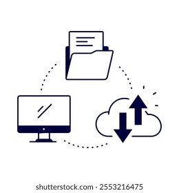 Ícone de compartilhamento de arquivos - dispositivos e nuvem com setas, representando transferência de dados, colaboração e troca de arquivos