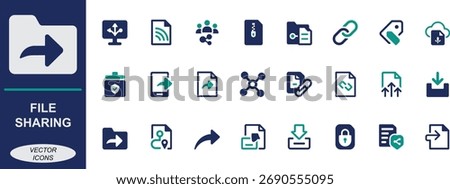 File sharing icon set with upload, download, cloud, sync, secure, folder, and data symbols. Perfect for apps, storage, transfer, network, and digital use.