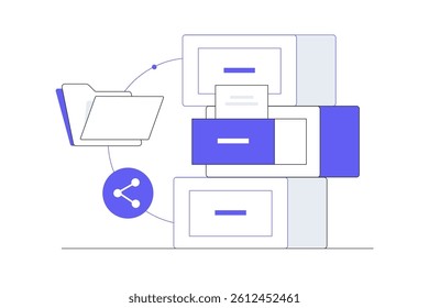 File sharing, Secure document management systems ensure privacy and security shared files. Shared file storage services. Flat Cartoon Vector Illustration, icon. Stylish abstract design landing page