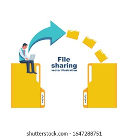 File sharing. Transfer of documentation. Businessman with laptop transmits folders with files. Transferred documents. Landing page copy data. Vector illustration flat design. Backup PC migration. 