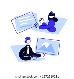 File sharing via internet illustration. People standing into laptop and giving paper folders through modern app flat style concept. Modern technology concept