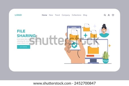 File Sharing web or landing. Hand holding a phone with transferred documents, woman's portrait signifies collaboration, data distribution and synchronization on devices. Digital teamwork made easy