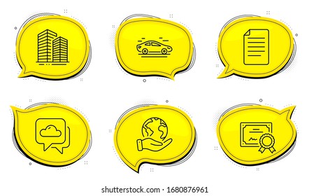 File sign. Diploma certificate, save planet chat bubbles. Car, Skyscraper buildings and Weather forecast line icons set. Transport, Town architecture, Cloudy. Paper page. Business set. Vector
